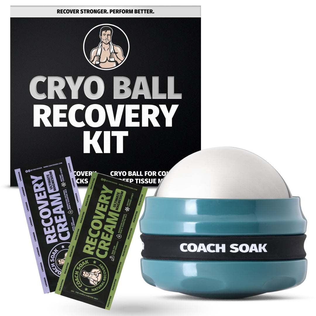 Coach Soak Cryo Ball Cold and Heat Therapy Recovery Kit with magnesium cream sachets for muscle relief and deep tissue massage