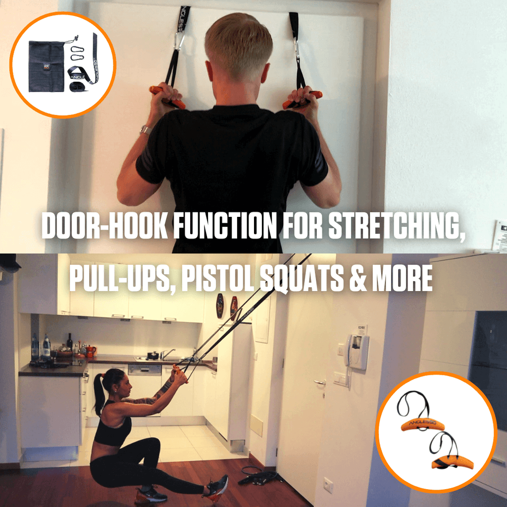 A versatile exercise equipment for door-hook exercises including stretching, pull-ups, pistol squats, and more, depicted in use by a person working out at home with the A90 Full Set.