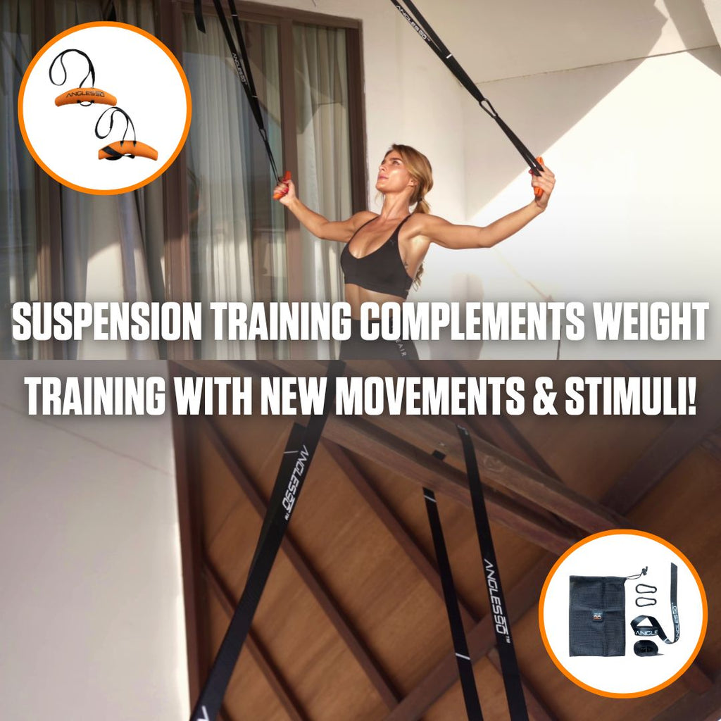 A woman engaged in suspension training exercises indoors, demonstrating a fitness routine with the A90 Full Set that enhances traditional weight training with diverse movements.