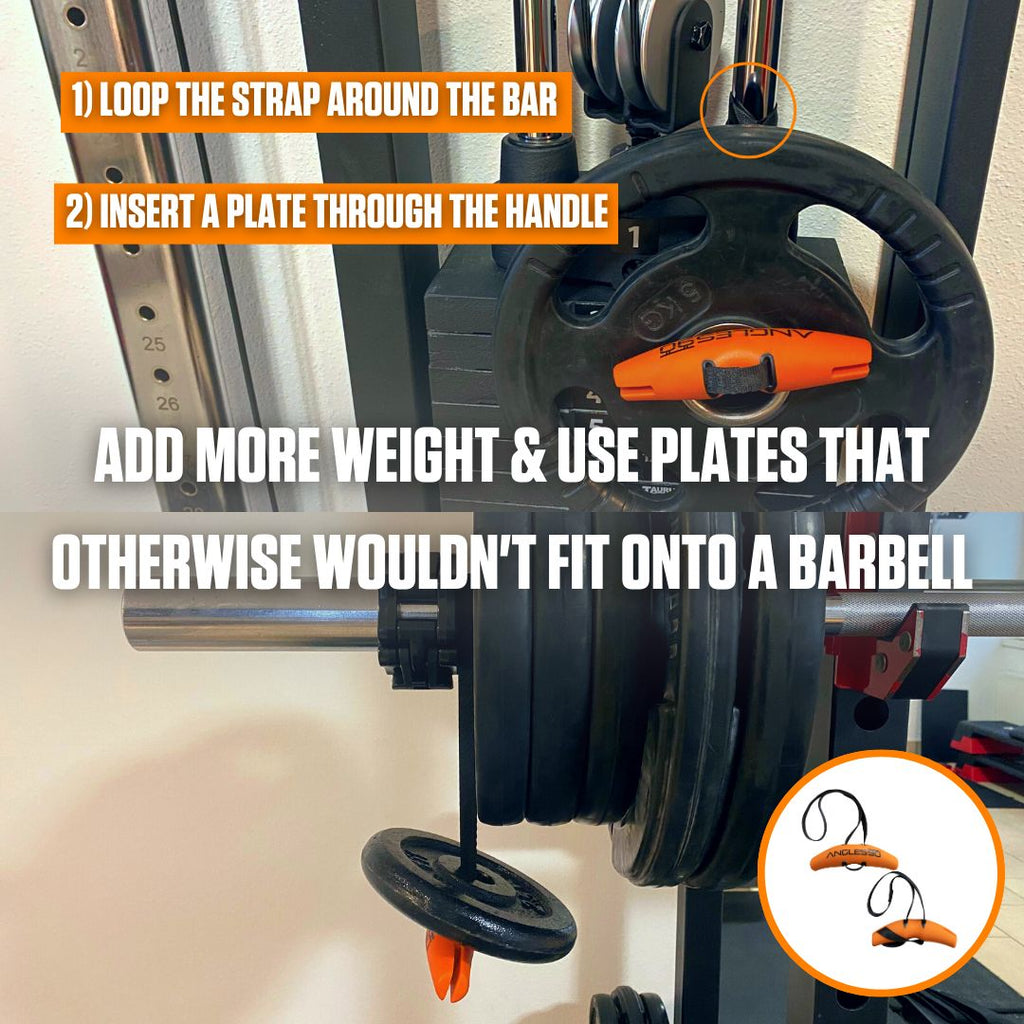 A gym hack illustration showing how to add more weight to a barbell using a strap, such as the Angles90 Grips, and additional weight plates that don't fit on the bar with the A90 Full Set.