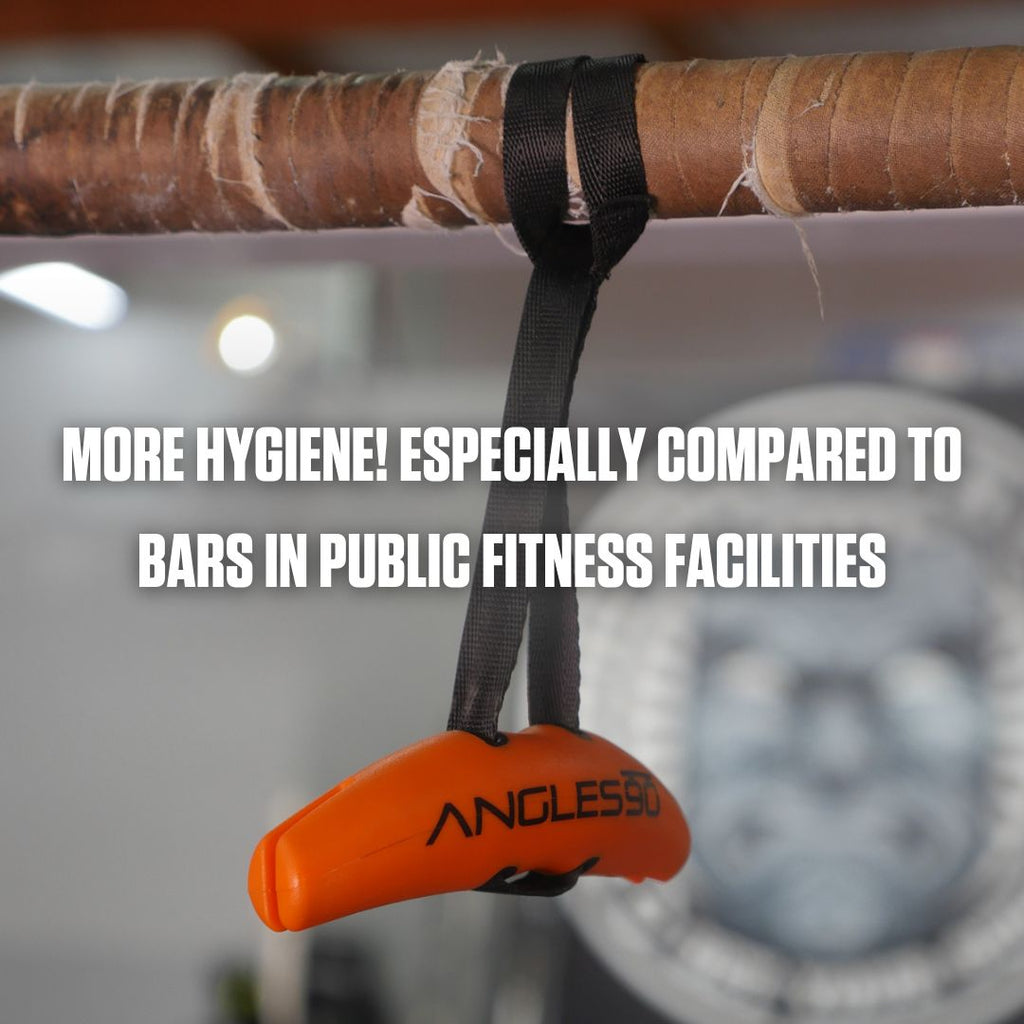 Personal portable gym bar grip hanging on a worn pull-up bar, promoting better hygiene and individual use with A90 Full Set.