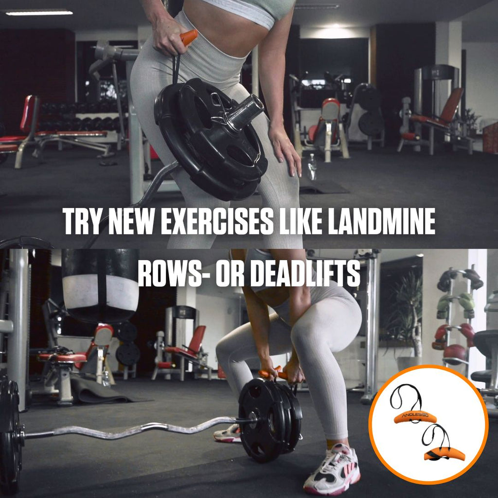 Sentence with product name: A person performing a landmine row exercise in a well-equipped gym with A90 Full Set, alongside a motivational caption encouraging viewers to try new exercises like landmine rows or deadlifts.
