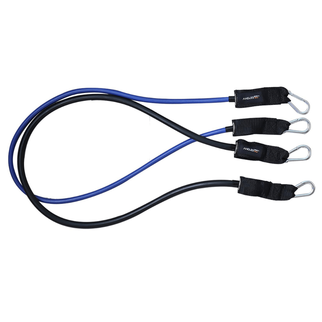 Set of three A90 Resistance Bands in blue and black with metal hooks for strength training.