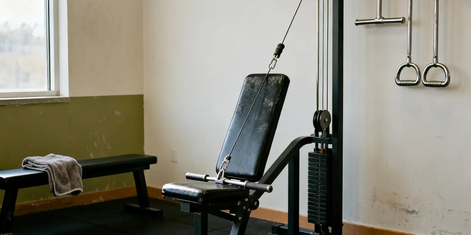 Empty seated cable row station in a sunlit gym, a straight bar resting on the seat and cable handles hanging on the wall