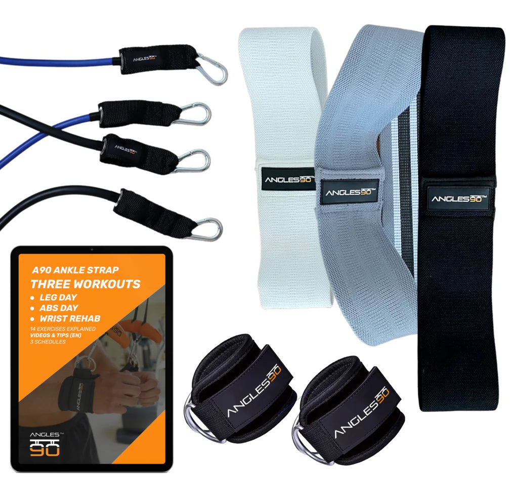 A90 Leg Day Set including adjustable ankle straps and hip bands, with a manual for leg, abs, and wrist workouts.