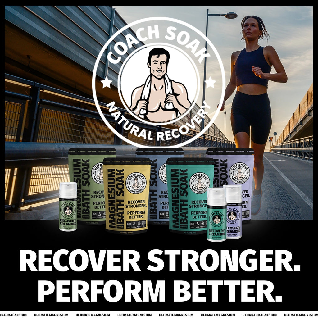 Determined athlete on a focused run alongside Coach Soak: Muscle Recovery Bath Soak, epitomizing the commitment to enhanced performance and recovery.