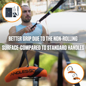 A focused man demonstrates the use of the A90 Sling Trainer, highlighting the non-rolling surface that offers an improved grip compared to standard versions.