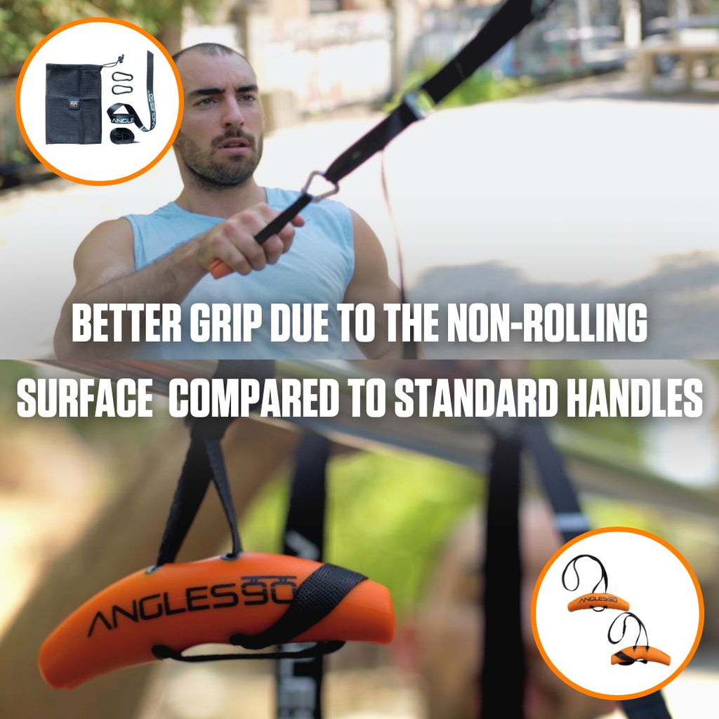 A focused man demonstrates the use of the A90 Sling Trainer, highlighting the non-rolling surface that offers an improved grip compared to standard versions.