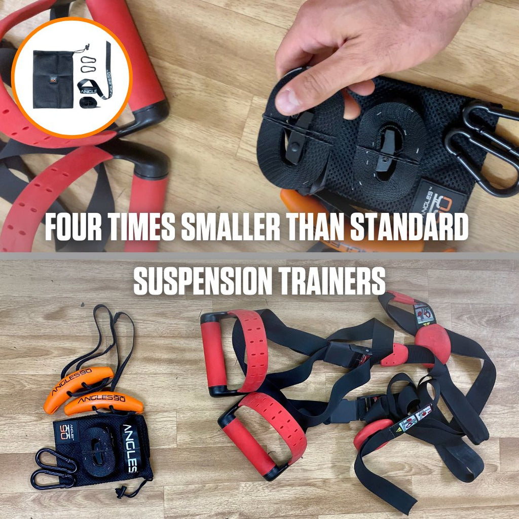 Revolutionizing home workouts: compact and portable A90 Sling Trainer kit, perfect for fitness enthusiasts on the go, complete with a net carry bag.