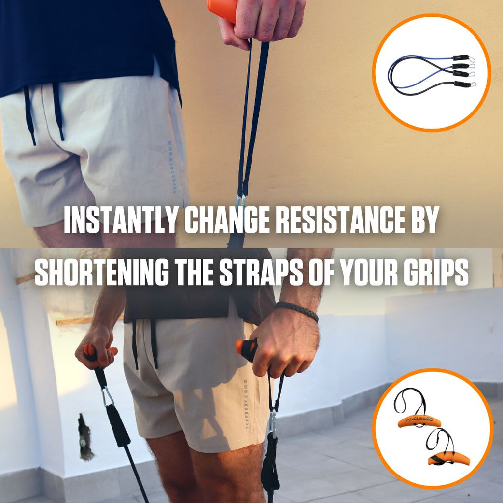 Maximize your online workout: effortlessly adjust the intensity of your resistance training by simply shortening the straps on your A90 Resistance Band.