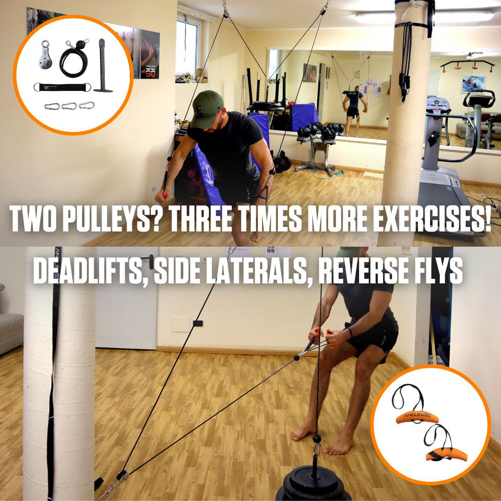 A man working out at a gym using the A90 Cable Pulley for a diverse strength training routine with exercises like deadlifts, side laterals, and reverse flys.