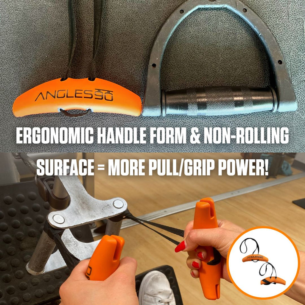 Close-up view of an orange and black angled ergonomic handle tool being used on a horseshoe, emphasizing increased pull and grip power due to its A90 Buddy Set design, reducing joint stress significantly.