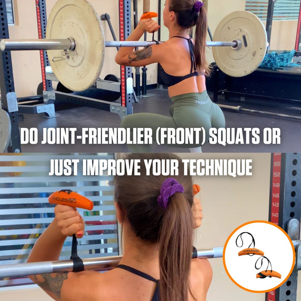 A fitness-focused individual performing squats in a gym with text suggesting a choice between using Angles90 Grips to reduce Joint Stress or improving squatting technique, alongside a graphic den