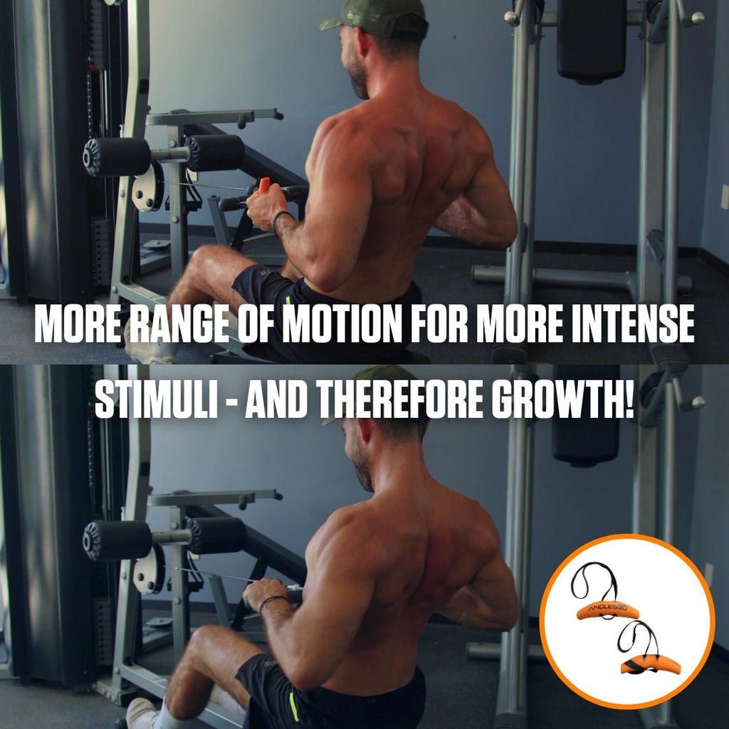 A fit individual performing a seated row exercise with Angles90 Grips and a caption highlighting the benefits of full range of motion for muscle growth.