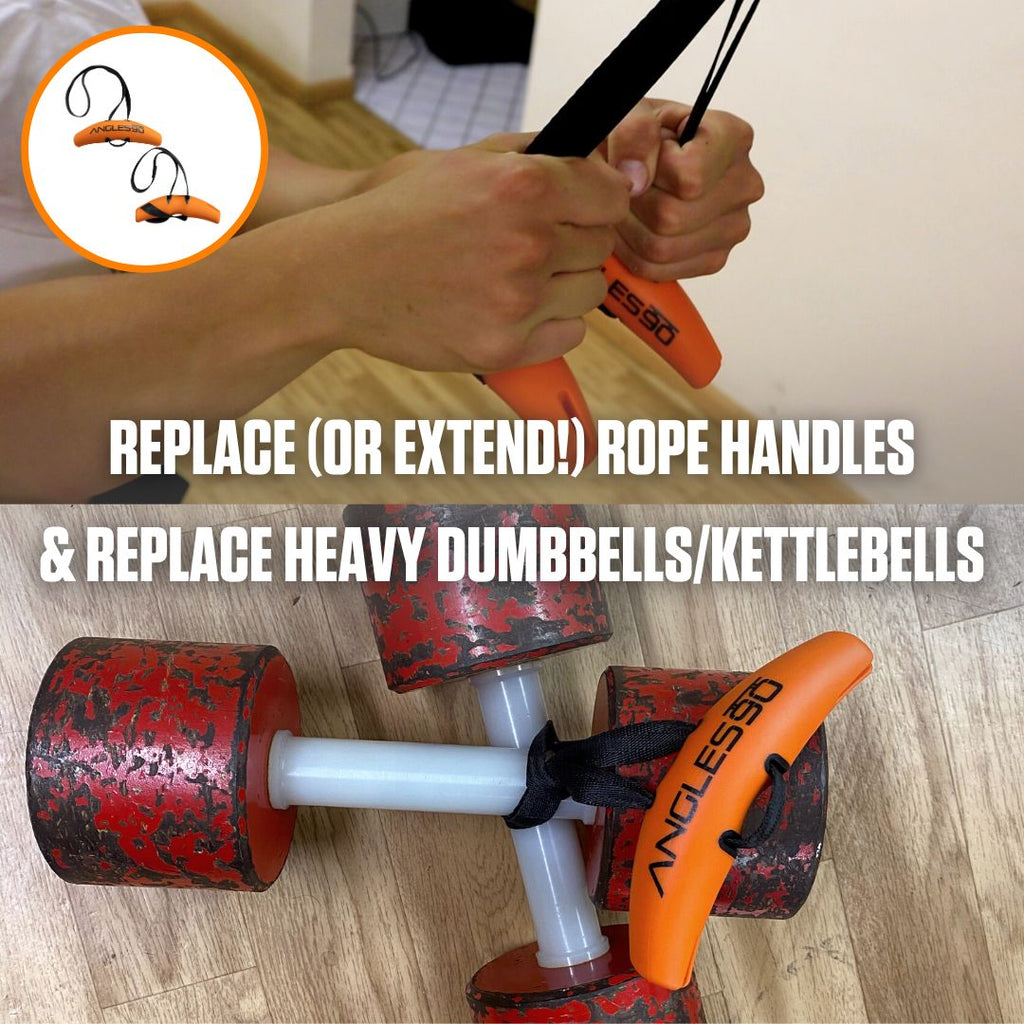 A pair of hands equipped with orange A90 Buddy Set Grips, designed to enhance grip/pull power, grasping the handles of a well-used set of dumbbells. The image advertises the A90 Buddy Set.