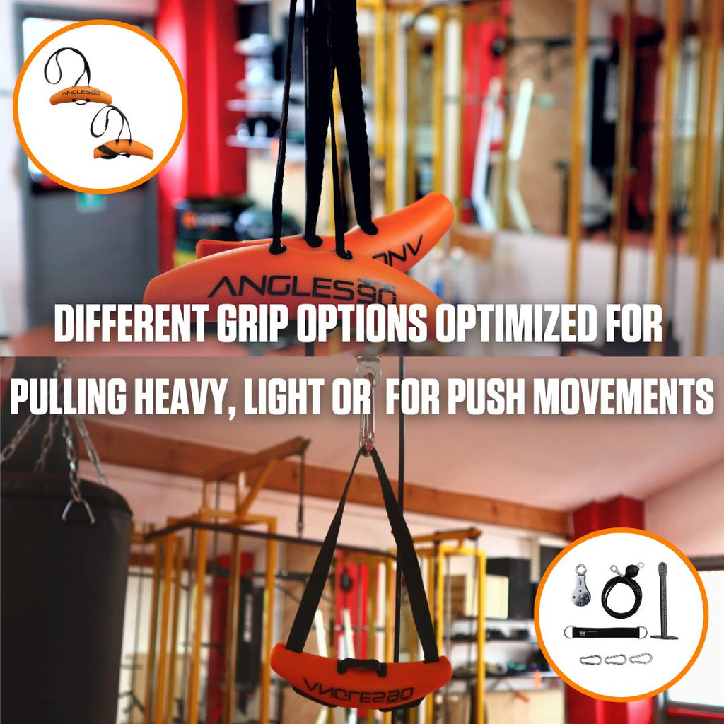A variety of A90 Cable Pulleys and grips displayed to enhance workout versatility for different strength exercises with a pulley system.