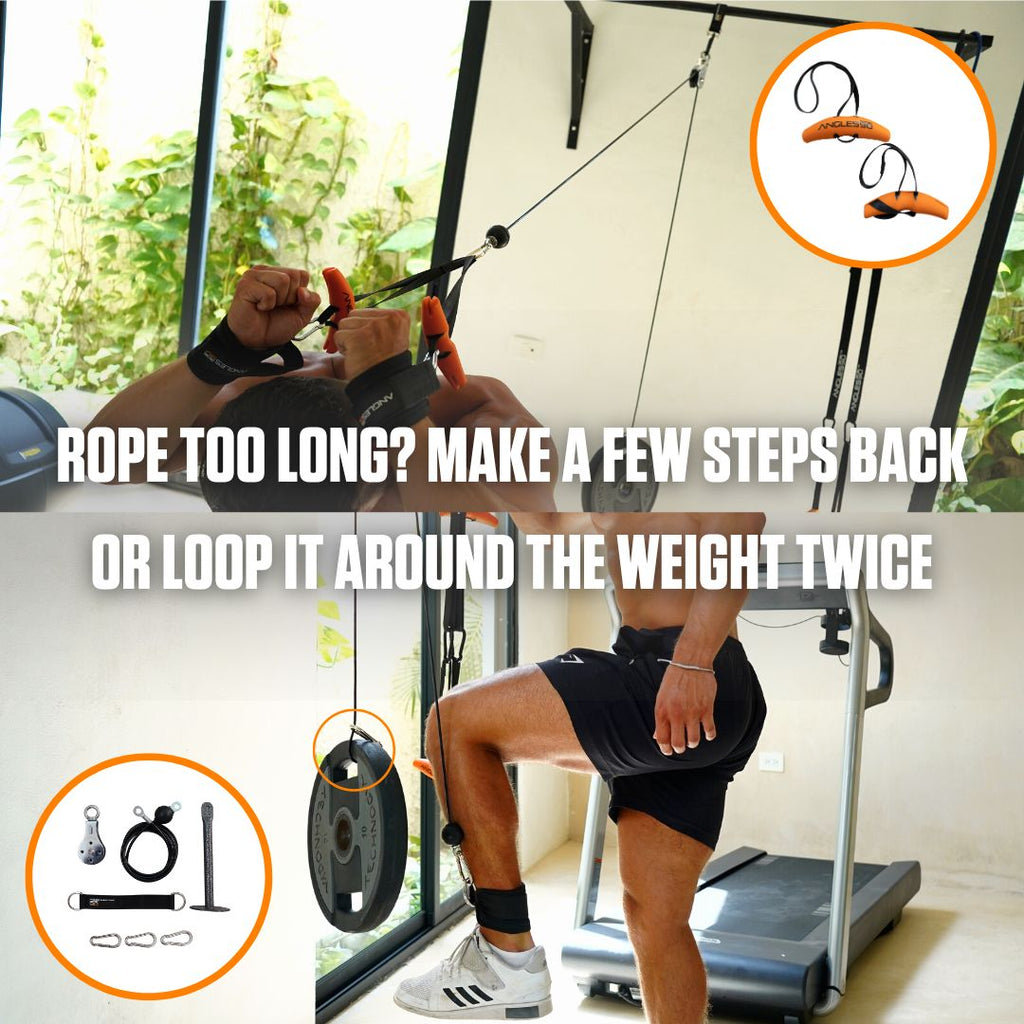 Man adjusting cable length on gym equipment to optimize his workout, with a helpful tip suggesting to step back or loop the A90 Cable Pulley around the pulley system for better resistance.