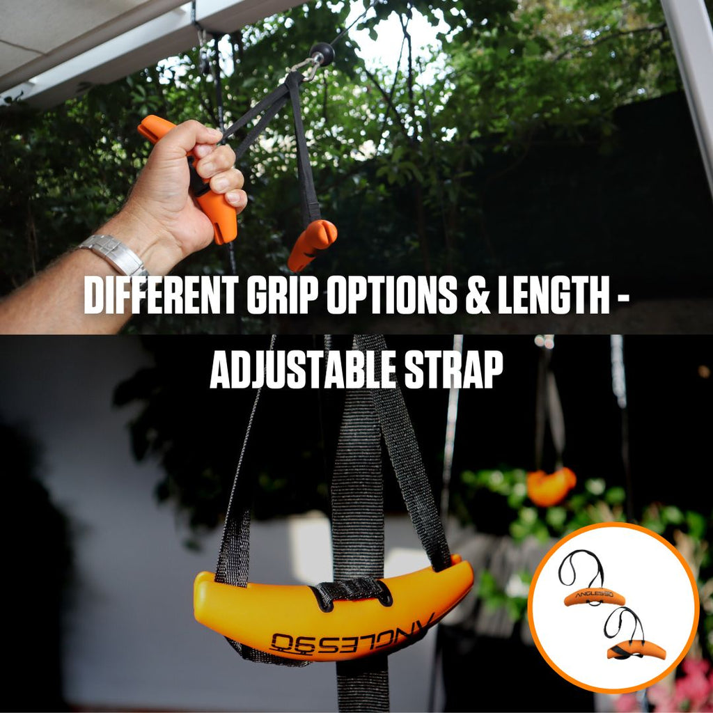 Fitness handles, known as Angles90 grips, hanging from an adjustable strap with multiple grip positions for versatile workouts, showcasing adaptability and customization for training.