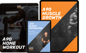 Digital tablet screens showing A90 Complete Training Bundle including A90 Home Workout, Muscle Growth video course, and Injury Prevention eBook.