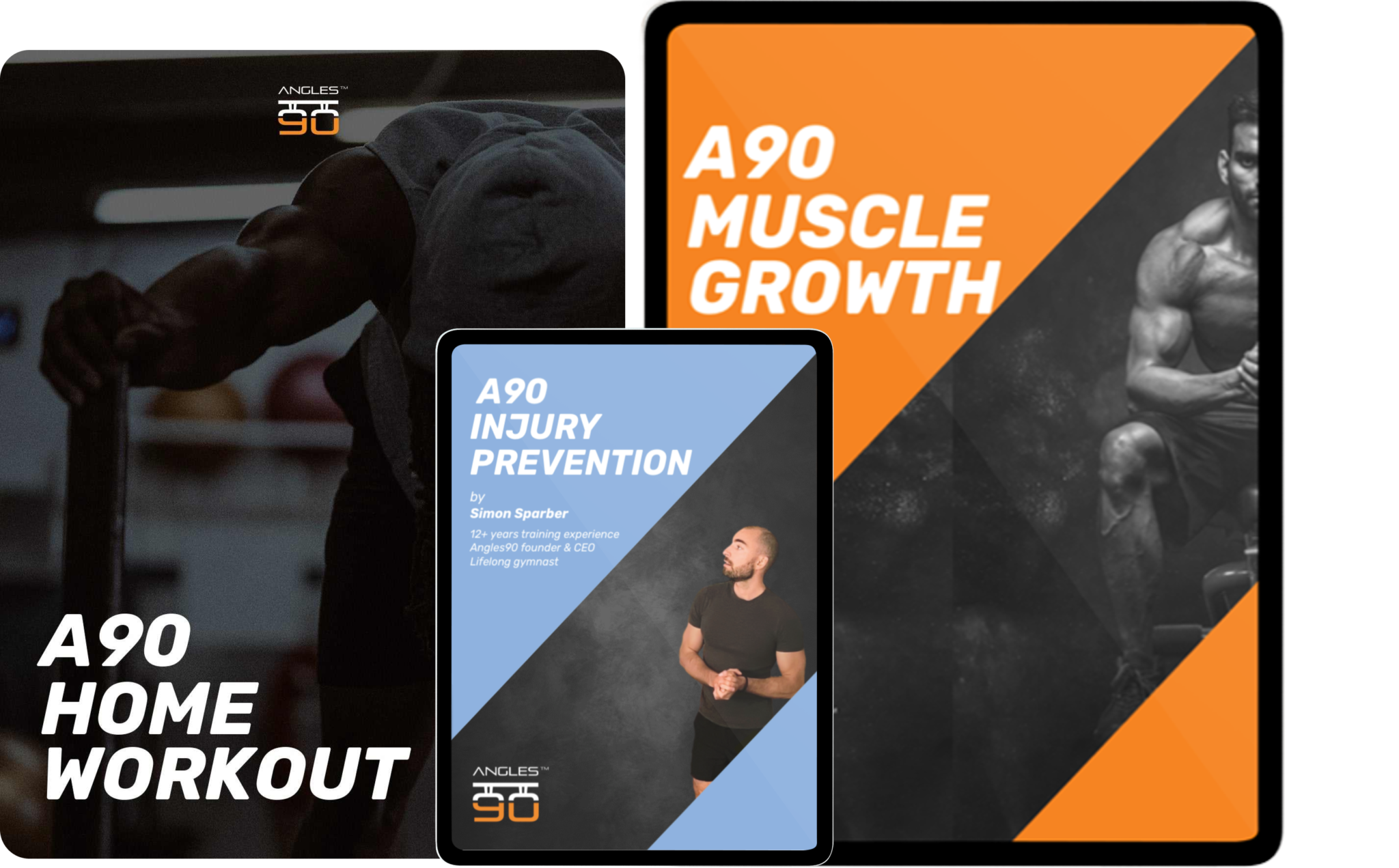 Digital tablet screens showing A90 Complete Training Bundle including A90 Home Workout, Muscle Growth video course, and Injury Prevention eBook.