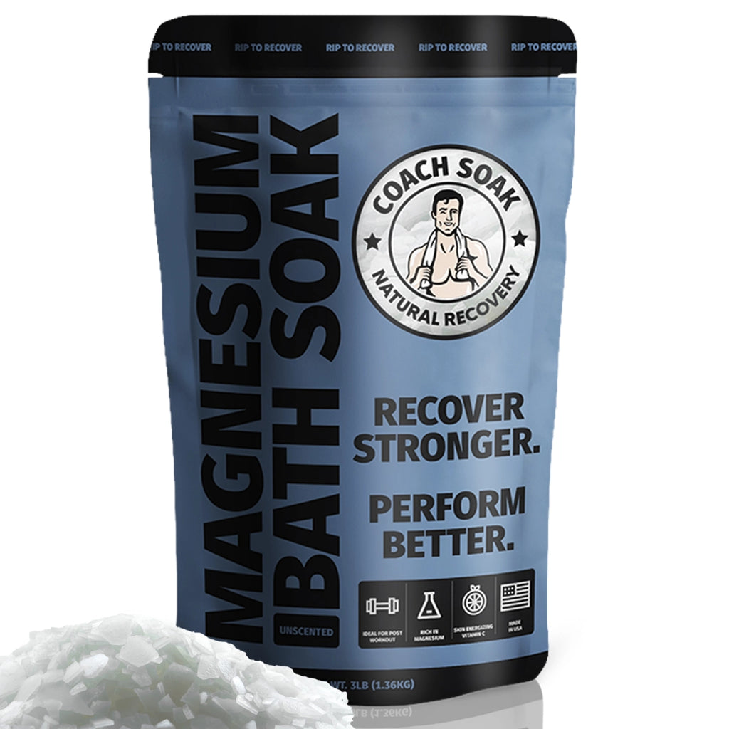 A bag of Coach Soak: Muscle Recovery Bath Soak with the slogan "recover stronger. perform better." indicating it's a product designed for post-workout recovery.