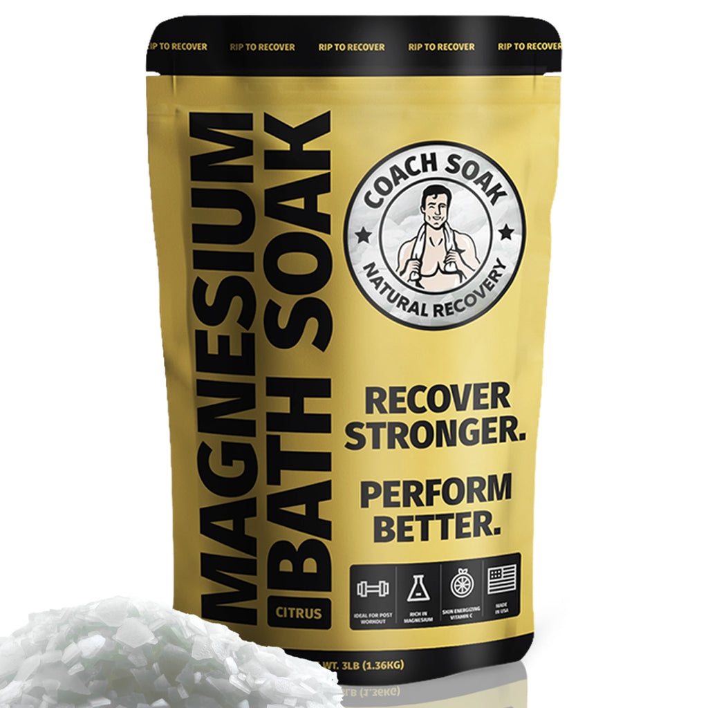 A package of Coach Soak muscle recovery bath soak with a logo depicting a coach, promoting natural recovery for stronger performance and better athletic capability, citrus scent, 3lb size.