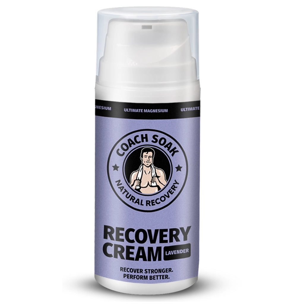 A bottle of Coach Soak Recovery Cream - Magnesium Rich Lotion with lavender scent, designed for post-workout recovery and to help users recover from muscle tension stronger and perform better.