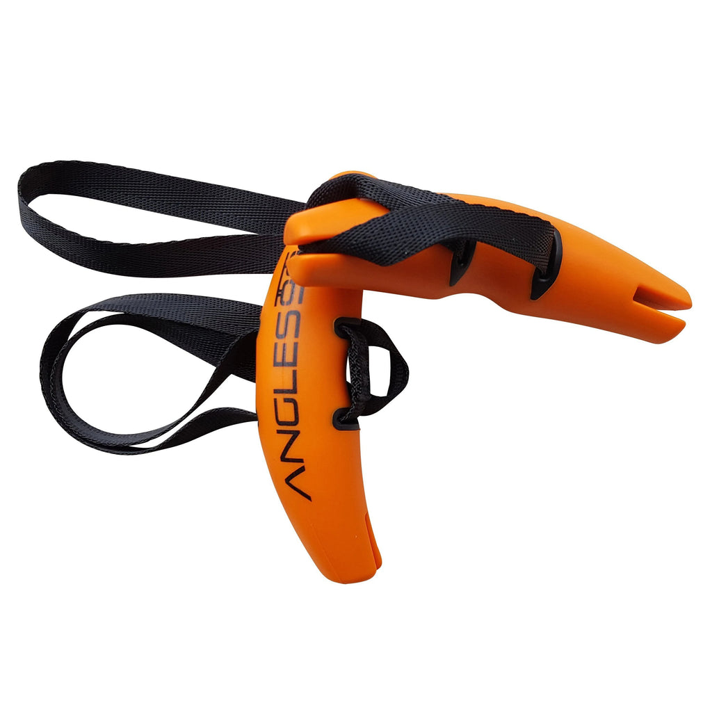 Sentence with product name: Angled orange whistle with a black strap and Angles90 Grips, isolated on a white background.