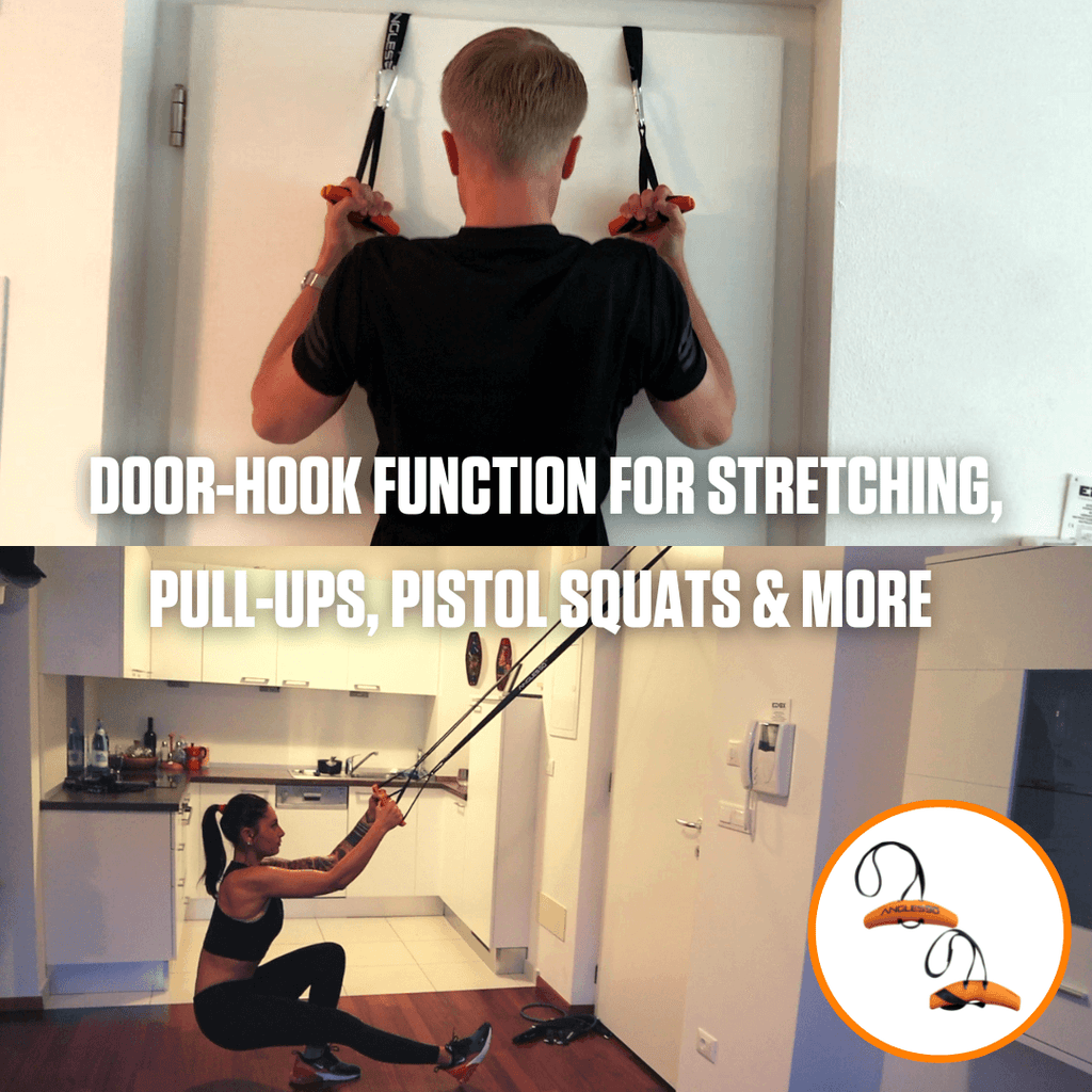 Two people demonstrating the versatility of the A90 Sling Trainer with a door-hook function for exercises like stretching, pull-ups, and pistol squats, showcasing its ease of storage in the included net carry bag.