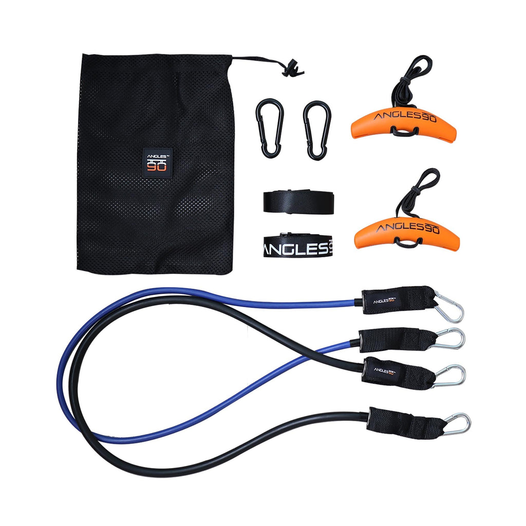 A90 Resistance Bands set with various accessories and carrying bag. Product Name: A90 Athlete Set