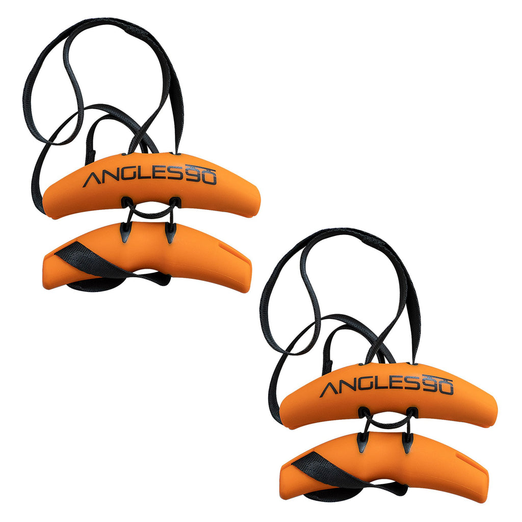 A pair of orange and black A90 Buddy Sets for enhancing grip/pull power and reducing joint stress during pull-up or lifting exercises with adjustable straps, isolated on a white background.