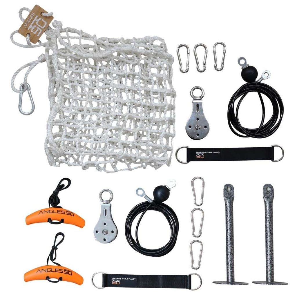 Assorted climbing and rigging gear, including a net, carabiners, A90 Cable Pulley Set, ropes, and other climbing accessories laid out on a white background.