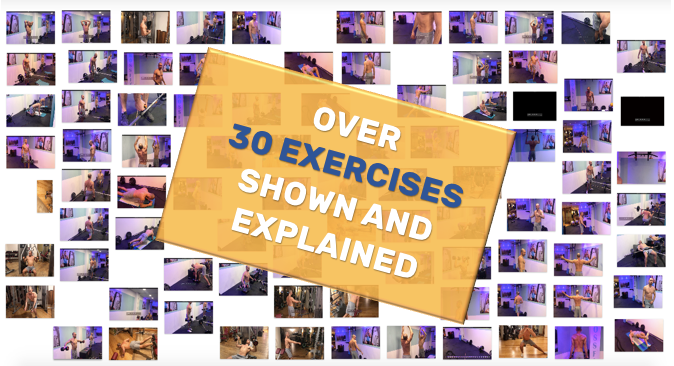 A collage of various workout exercises displayed around a central golden banner that reads "over 30 exercises shown and explained for A90 Injury Prevention.