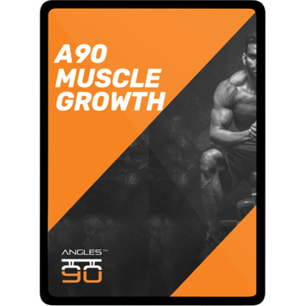 A muscular individual working out with gym equipment, highlighted on an advertisement for the A90 Muscle Growth program by Angles 90.
