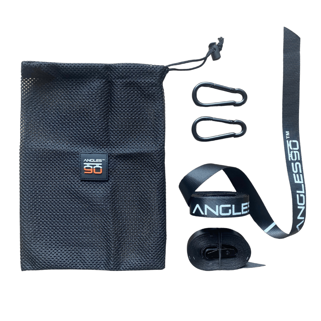 A black pouch with the 'A90 Sling Trainer' logo, two carabiners, and a grey and black fabric strap against a black background, comes with an exercise sheet.