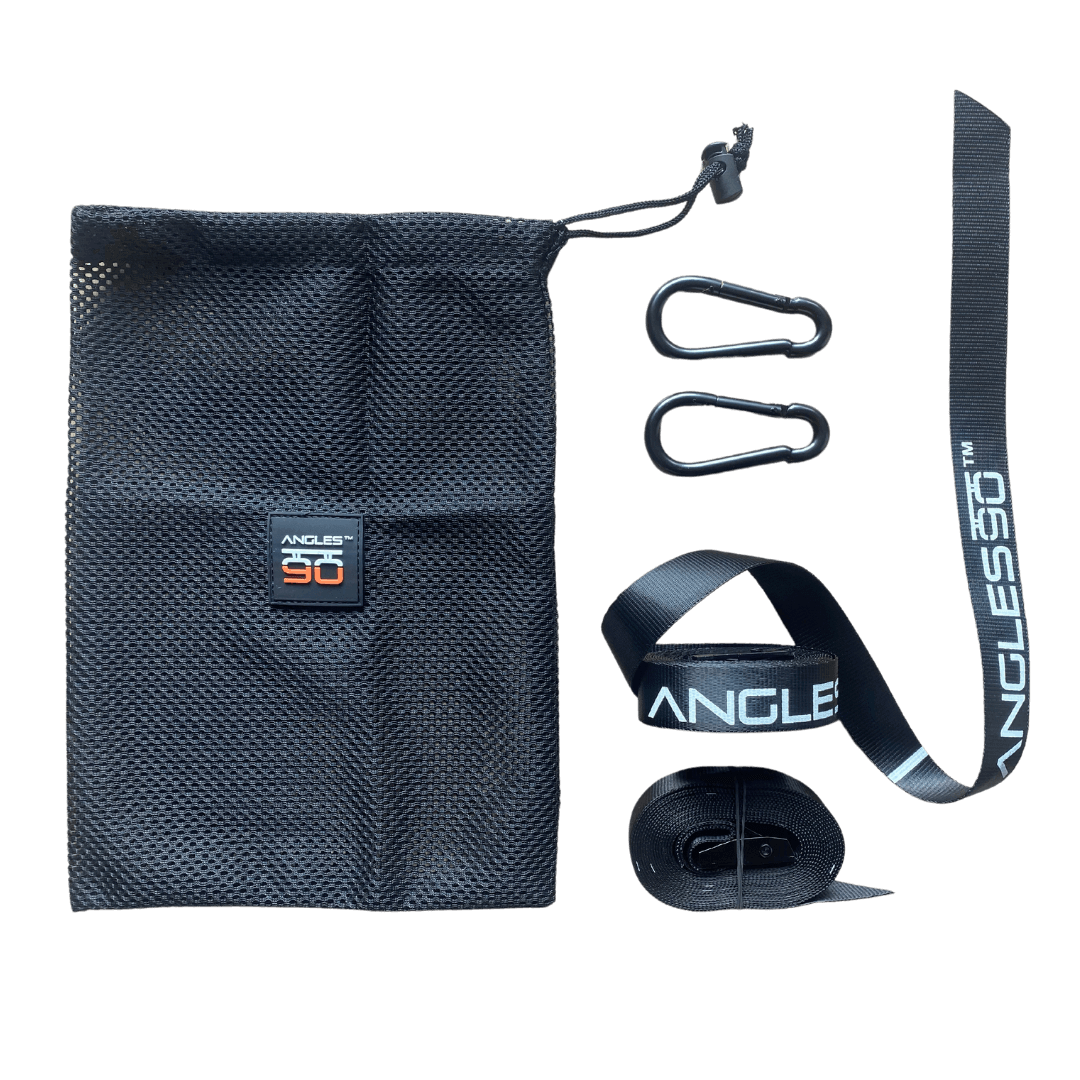 A black pouch with the 'A90 Sling Trainer' logo, two carabiners, and a grey and black fabric strap against a black backg