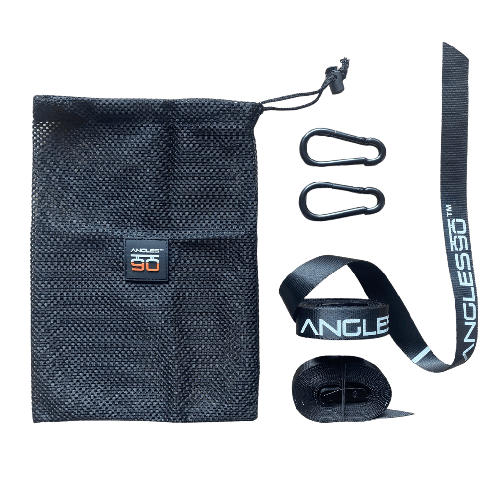 A black pouch with the 'A90 Sling Trainer' logo, two carabiners, and a grey and black fabric strap against a black background, comes with an exercise sheet.