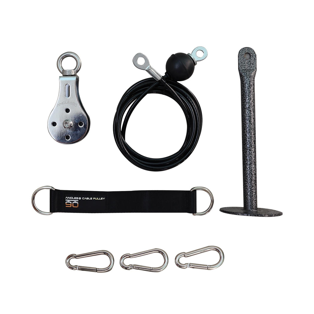 Climbing equipment set including an A90 Cable Pulley, rope, anchor, carabiners, and a webbing loop.