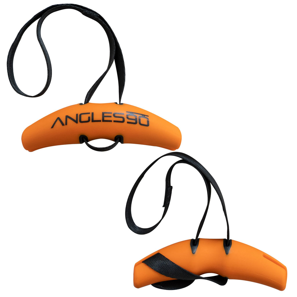 Two orange and black Angles90 Grips attachments, designed to reduce joint stress, floating against a white background.