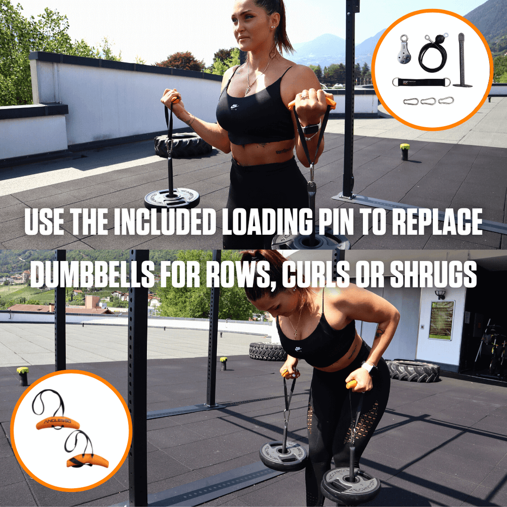 A fitness enthusiast uses an A90 Cable Pulley with a smooth pulley system and a loading pin for upper body exercises on a rooftop gym, highlighting the versatility of gym equipment for rows, curls, or shrugs.
