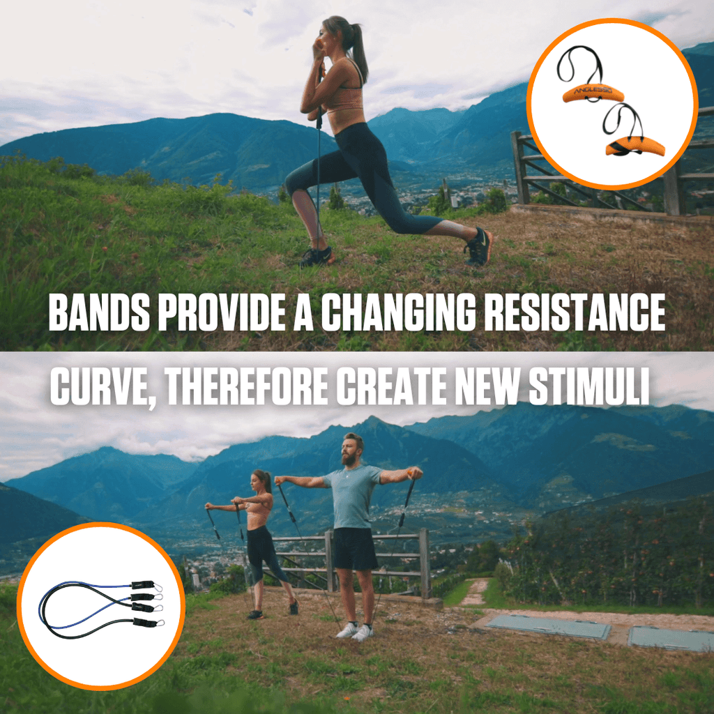 Two people exercising outdoors with A90 Resistance Bands, highlighting the benefits of dynamic resistance training against a scenic mountain backdrop.