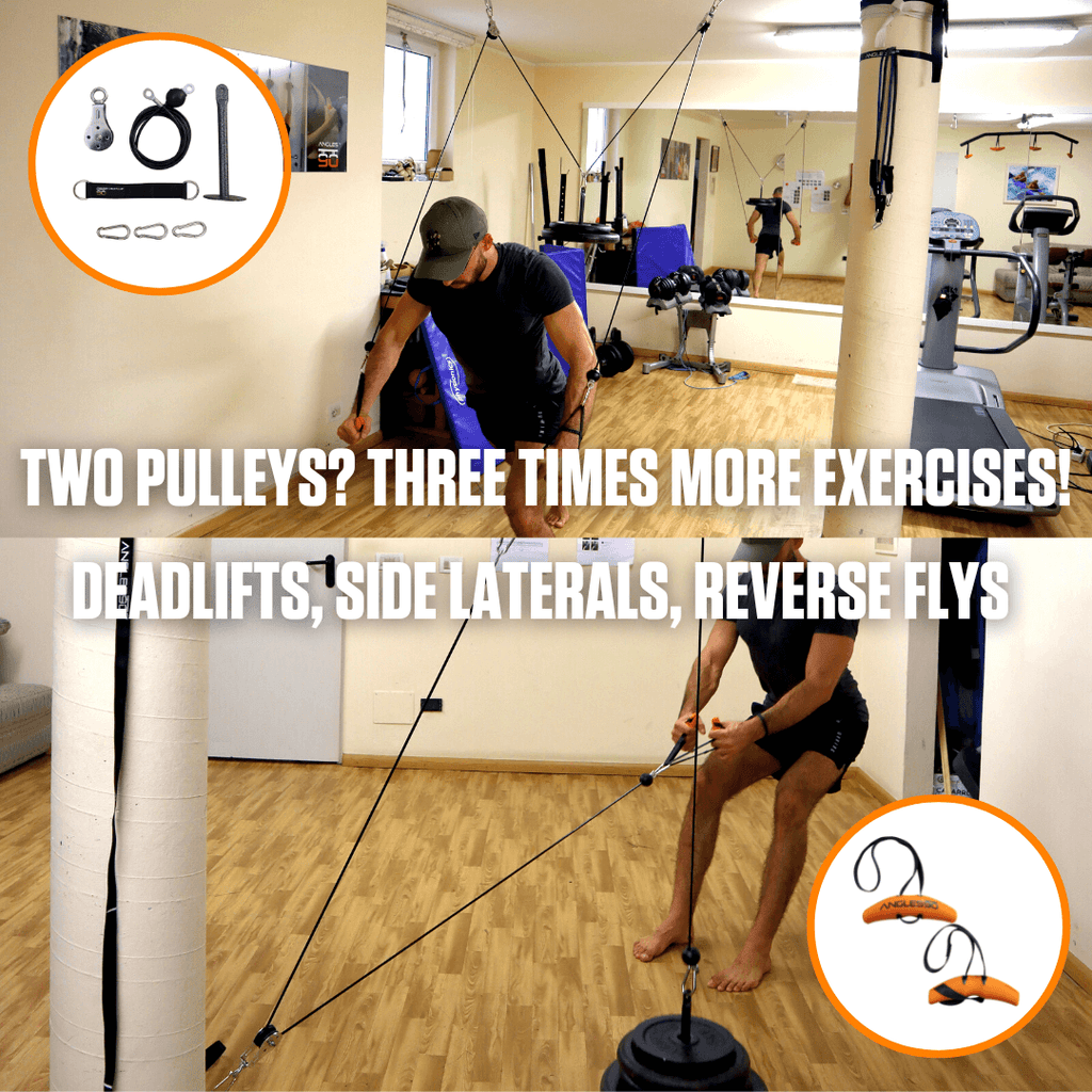 A fitness enthusiast utilizing a dual-pulley A90 Cable Pulley Set system to enhance his workout routine: perfect for deadlifts, side laterals, and reverse fly exercises!