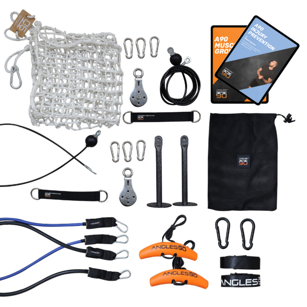 A collection of A90 Home Gym Set, including a jump rope, A90 Resistance Bands, suspension straps, carabiners, and Angles90 Grips, with a carrying bag and an instructional guide