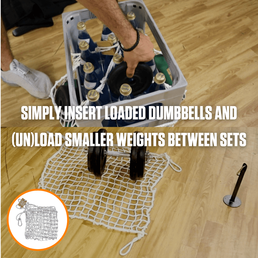 A person is inserting a loaded A90 Cable Pulley Set into a homemade carrier, demonstrating an innovative way to transport gym equipment easily, with an emphasis on the convenience of adding or removing smaller weights between sets.