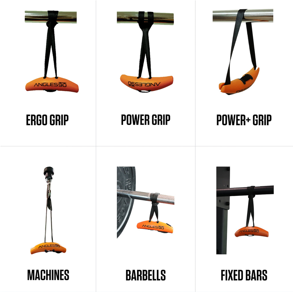 An array of six gym equipment hand-grip attachments with different designs, labeled as ergo grip, power grip, power+ grip, Angles90 Grips, barbells, and fixed bars
