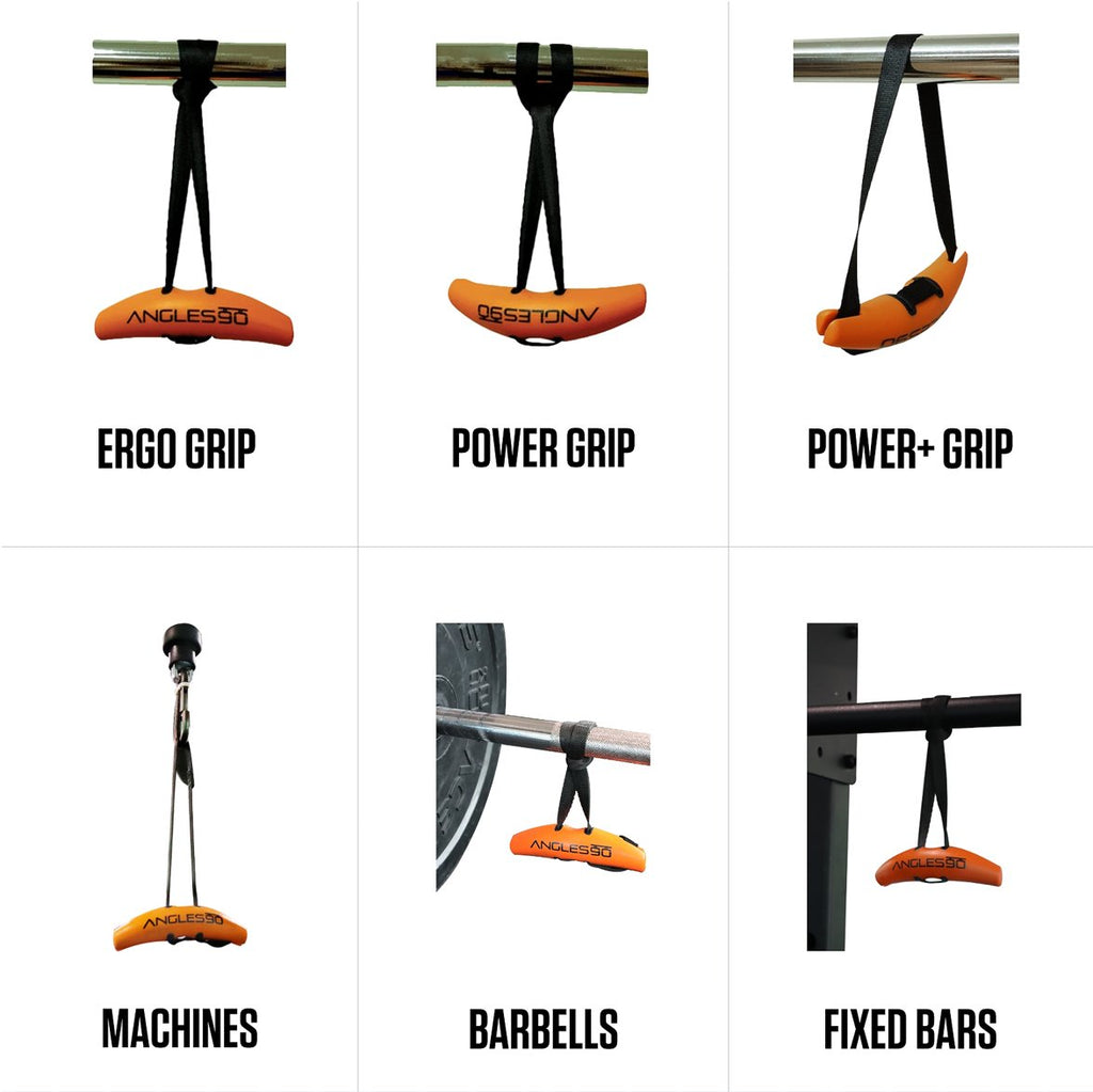 A comparison chart showcasing different types of grip attachments for fitness equipment, each labeled with their specific name like "A90 Buddy Set," "Power Grip," "Power+ Grip," "Machines,
