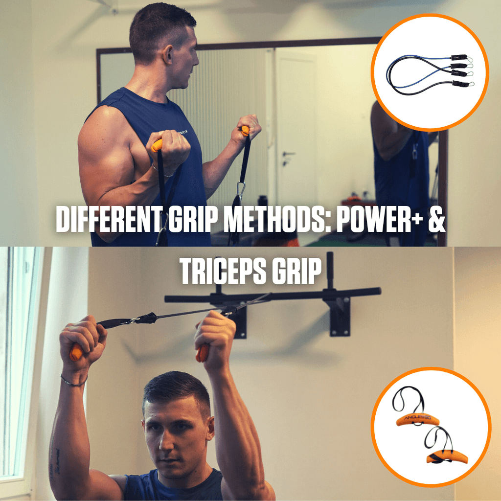 Man demonstrating two different grip methods for online workout A90 Resistance Band exercises: power+ grip (top) and triceps grip (bottom), with illustrative icons highlighting each grip style.