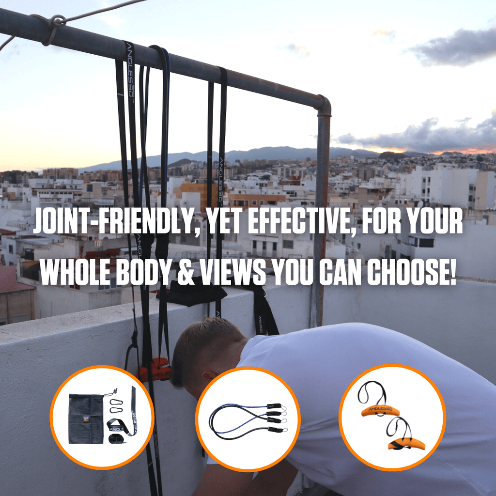 An individual engaging in a workout with A90 Athlete Set Resistance Bands on a rooftop at sunset, highlighting the workout's low impact on joints and the flexibility of choosing a scenic exercise environment.