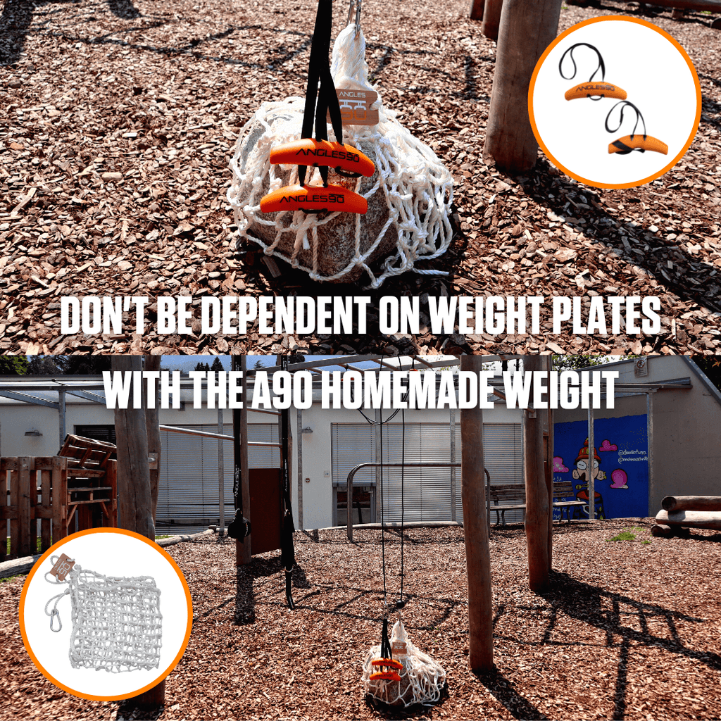 Sentence with Product Name: Improvised outdoor gym: embrace fitness anywhere with the A90 Homemade Weight setup, complete with a net and carabiner for enhanced loading capacity.